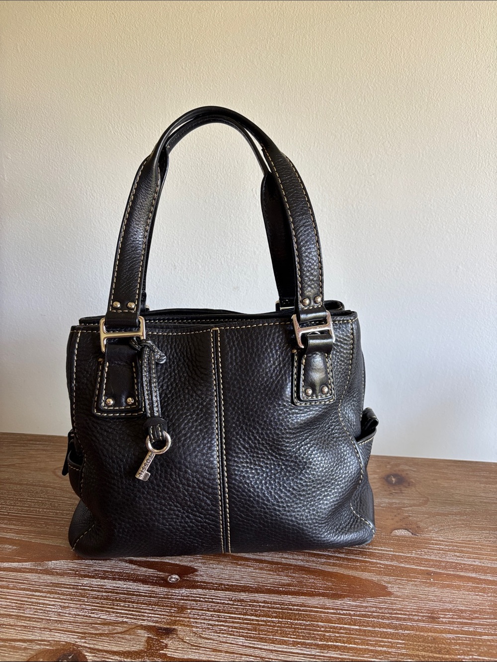 Fossil Black Pebbled Leather Satchel Shoulder Bag with Key Charm